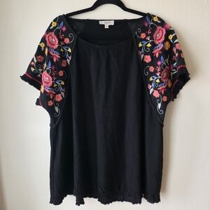 Umgee Floral Embroidered Linen Blend Top Black XL